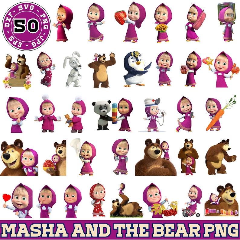 K&ouml;nnte beinhalten: Eine digitale Grafik mit mehreren Illustrationen der Zeichentrickfiguren Mascha und der B&auml;r. Die Bilder zeigen Mascha in verschiedenen Posen und Outfits, zusammen mit dem B&auml;ren und anderen Tieren. Der Text "MASHA AND THE BEAR PNG" steht unten.