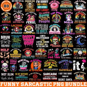 Peut inclure: Un ensemble de 80 graphiques PNG drôles et sarcastiques. Les motifs présentent des phrases humoristiques, des illustrations et des citations sur divers thèmes, dont la vie, le sarcasme et la culture pop. Idéal pour créer des vêtements et accessoires uniques.