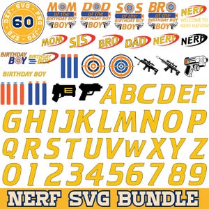 May include: A digital graphic bundle featuring various Nerf-themed elements. Includes text elements like "Mom," "Dad," and "Birthday Boy," along with alphabet letters, numbers, targets, and toy gun illustrations. The words "Nerf SVG Bundle" are also present.