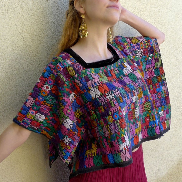 Guatemalan handwoven vintage huipil TacTec colorful multicolor cotton short poncho style - blouse  32" wide x 17" long