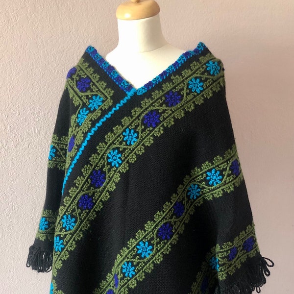 SALE Collectors Wool poncho handwoven Mazahua Black embroidered LONG Quechquemitl warm blanket like 22"wide x 29"long