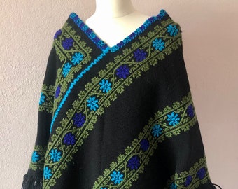 SALE Collectors Wool poncho handwoven Mazahua Black embroidered LONG Quechquemitl warm blanket like 22"wide x 29"long