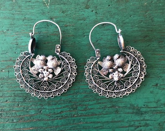 SALE Oaxaca Silver filigree arracada hoop earrings engagment romantic love birds traditional Frida style Mexico drop 2 1/2" Gift Box