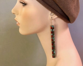 Native made LONG inlay/mosic earrings dramatic Santo Domingo New Mexico Turquoise coral Southwest style 5&quot; drop Free giftbox + ship