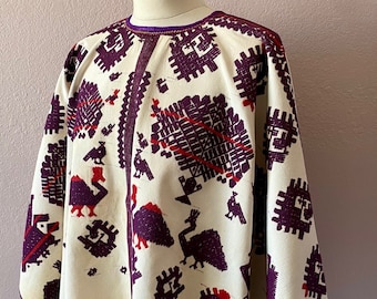 Collectors 70's Guatemala 50"wide Ceremonial huipil/poncho Purple/white Sacatepequez elegant WIDE Cofradila Excellent condition