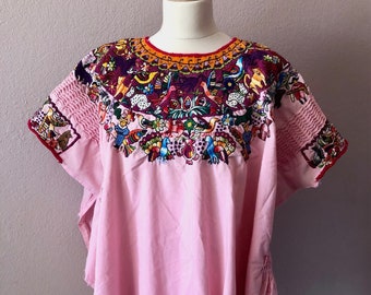 Collectors Embroidered Guatemalan blusa/huipil 80' San Andres Xecul pink cotton wide 32"wide x 28"Long