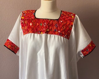 Guatemalan huipil Satin blouse  Elegant Embroidered neck / arms Aguacatan Vintage unique 34"wide x 23"Long O/S Large/X large