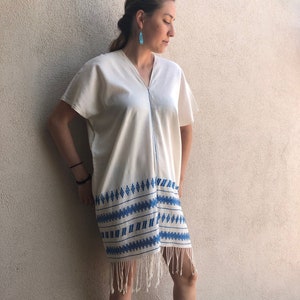 SALE Chiapas handwoven huipil tunic fringe white blue metallic pattern resort V. Carranza 25W x 34 fringe O/S Large FREE shipping image 1