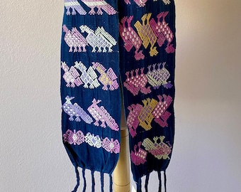 RARE Vintage Indigo Faja / SASH handwoven Guatemalan /San Ramundo Silk patterns 8 1/2"wide x 100"long