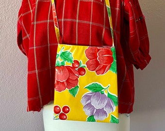 Mexican oil cloth phone pouch small bag Yellow Red flowers vintage 8"wide x 10" long - Strap 47" - FREE shipping