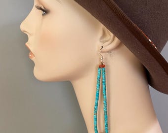 Native made Turquoise JawClaw dangle earring - Natural Turquoise heishi beads - apple coral - Long - drop 5"
