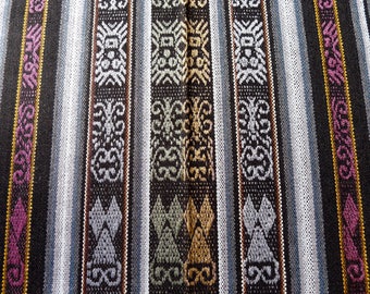 Ecuador Fabric wide yardage tablecloth w/fringe Andean motifs gray black maroon stripe tightly woven acrylic SouthWest style - TWO yard cut