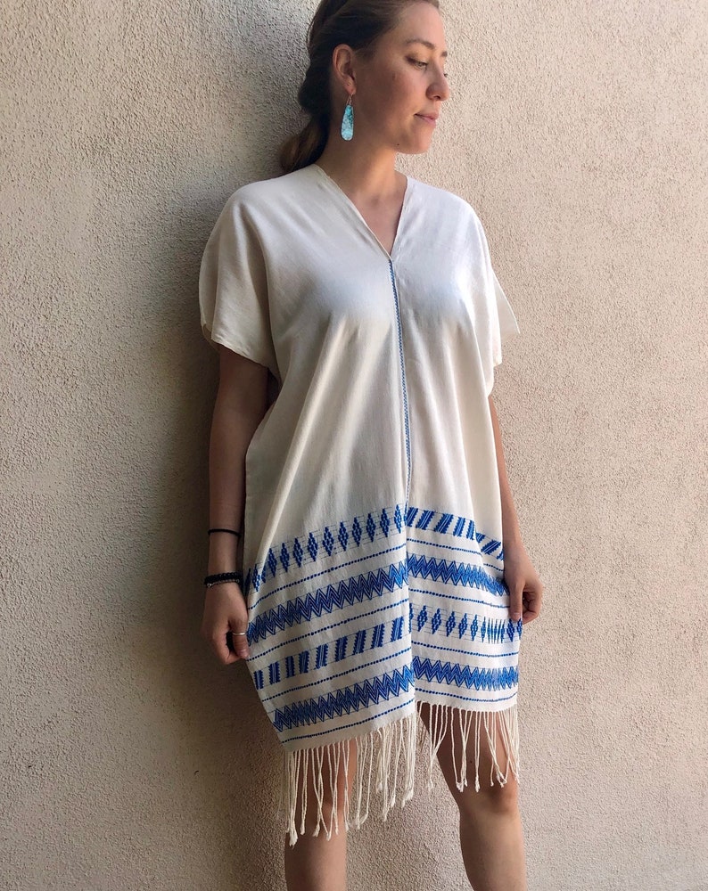 SALE Chiapas handwoven huipil tunic fringe white blue metallic pattern resort V. Carranza 25W x 34 fringe O/S Large FREE shipping image 3