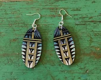 Native Made hand-painted SHEILD earrings Balsa wood base Acoma style design New Mexcio drop 1 3/4" wide 2 1/4" FREE Gift Box + shipping