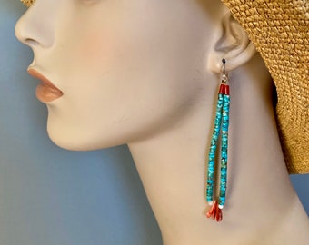 Native Made turquoise JawKlaw earrings Heishi + shell 4" drop - Navajo made - PowWow style ceremonial FREE shipping -FREE gift wrapping