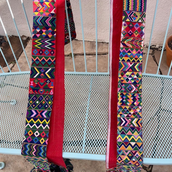 Collectors Vintage Guatemalan TWO 80's handwoven Aquacatan Cintas/Hairwraps  REDS 96" & 110"long x 4"wide +7" LargeTassels FREE shipping