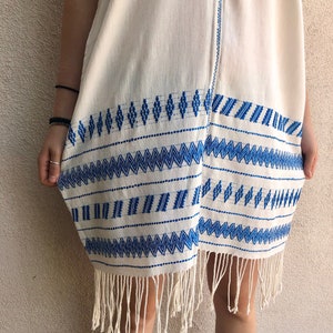 SALE Chiapas handwoven huipil tunic fringe white blue metallic pattern resort V. Carranza 25W x 34 fringe O/S Large FREE shipping image 4