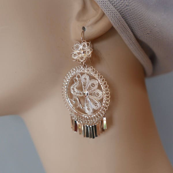 Mexican silver filagree  earrings dangle Pavo Real Tehuana Oaxaca festive boho Frida Kahlo MEDIUM 3"drop