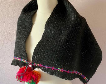 Chiapas wool shawl/cape Chamula handwoven embroidered small size traditional 16"wide x 40"long runner throw