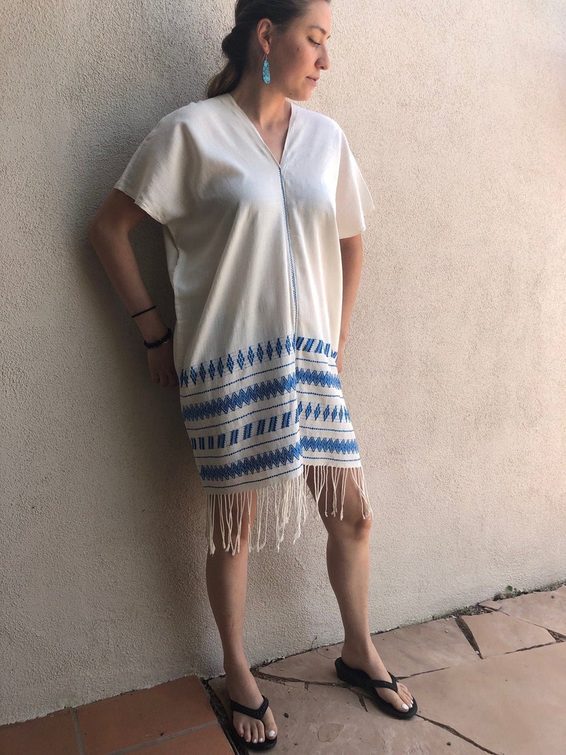 SALE Chiapas handwoven huipil tunic fringe white blue metallic pattern resort V. Carranza 25W x 34 fringe O/S Large FREE shipping image 1