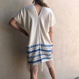 SALE Chiapas handwoven huipil tunic fringe white blue metallic pattern resort V. Carranza 25W x 34 fringe O/S Large FREE shipping image 5