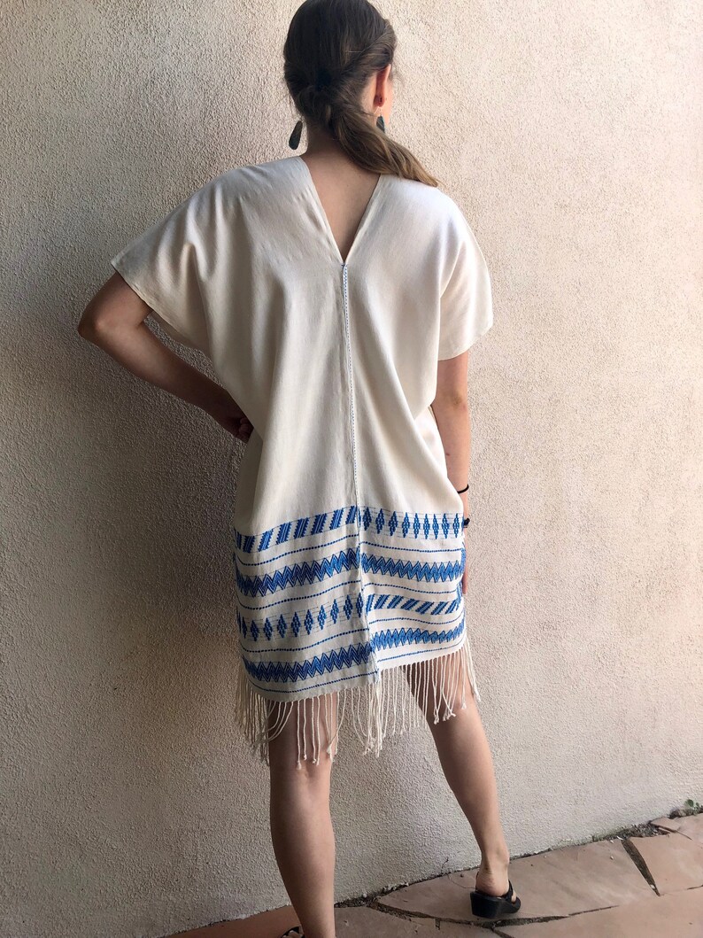 SALE Chiapas handwoven huipil tunic fringe white blue metallic pattern resort V. Carranza 25W x 34 fringe O/S Large FREE shipping image 5