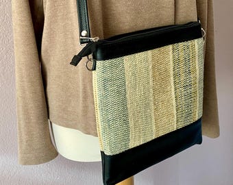 Oaxacan cross-body bag handwoven wool + black leather Teotitlan del Valle - artisan made - 10" x 10" zipper + lining