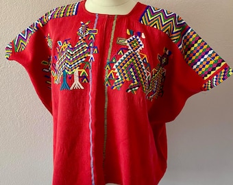 Collectors Guatemala RED huipil blouse  vintage 80's handwoven Chajul birds - 30" wide x 23" long