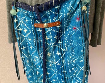 Santa Fe Artisan made - Indigo African cloth - leather finish - straps and closures - 13"w x 15"long - exotic beads + embroidery