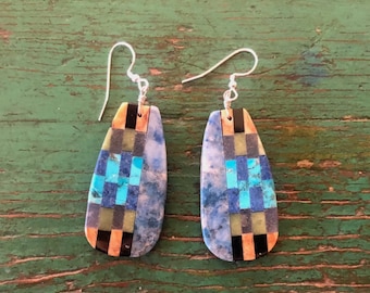 Native Made inlay / mosaic earrings KEWA Santo Domingo New Mexcio elegant checkered pattern - 2 1/2" drop FREE gif box & Shipping