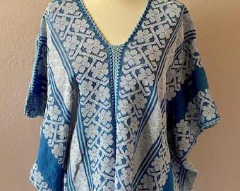 SALE Oaxaca handwoven bluson/wide blouse blue&white 37 1/2" wide x 26"Longl elgant resort wear