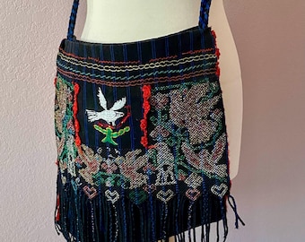 RARE Chatino morral/cross body bag - embroidered, macrame fringe, Mexico shield traditional textile Juquila Oaxaca 15"wide x 13"long