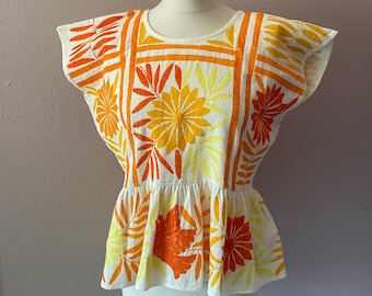 Oaxacan blouse embroidered orange/yellow floral - fitted w/peplum - 22&quot;wide x 23&quot;long - Free shipping