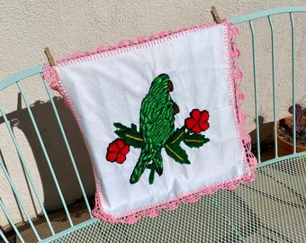Embroidered Mexican serviette foodcover cloth two Green Parrots pink crochet lace Mazahua central Mexico 17" x 18" FREEshipping