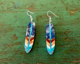 Mosaic inlay Feather earrings Native Made Santo Domingo Pueblo NM Turquiose/ drop 2 1/2" FREE gift box + shipping