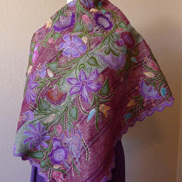 Mayan Mexican embroiderey Vintage capes shawls - Drk Lavender Purple Metallic  Floral Style 14#C