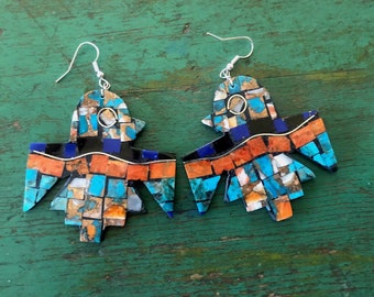 Native made Thunderbird inlay/mosic earrings dramatic Santo Domingo New Mexico Turquoise coral Southwest style 3" drop Free giftbox + ship