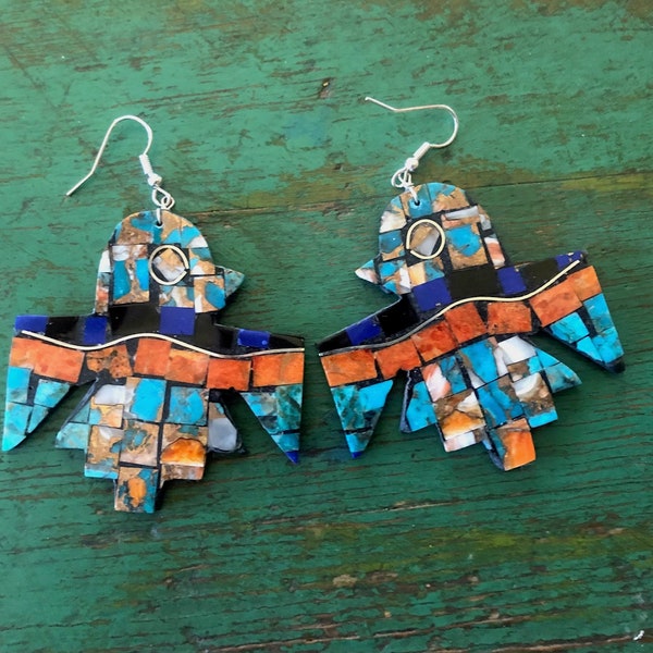 Native made Thunderbird inlay/mosic earrings dramatic Santo Domingo New Mexico Turquoise coral Southwest style 3" drop Free giftbox + ship