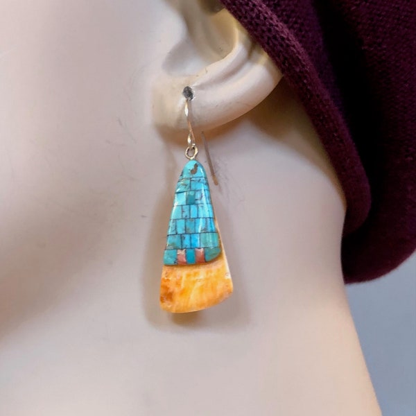 Native Made Turquoise inlay shell petite dangle earrings New Mexico Santo Domingo Kewa Southwest drop 1 3/4" Gift Box FREE shipping