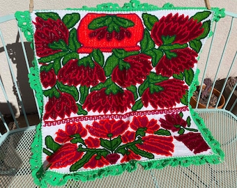 Embroidered Mexican - Mazahua serviette textile folkart cover-cloth Red flowers green crochet 28" x  28"  FREEshipping