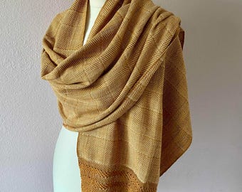 Oaxacan handwoven cotton shawl natural dyed Pau'd Aquila Mixe weavers Mexican elegant soft 19 1/2'wide x 72"long +  9" hand-knotted fringe