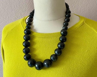 Oaxacan Black ceramic bead necklace hand made Coyotepec artisan 24" long variegated