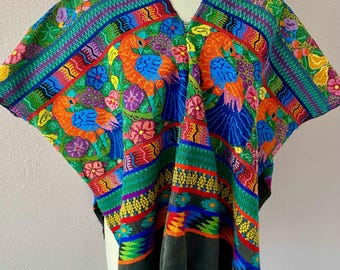 Collectors Guatemalan Aguas Caientes -open sided garment - finest quality - Pavo Real + florals - vintage - 29"wide x 24"long