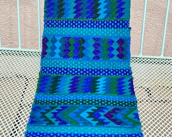 Guatemalan table runner - handwoven blues - 80's cotton acrylic - 9 1/4"  wide  x 49 Long - 4"fringe one end