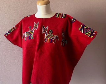 Collectors Vintage Guatemalan RED Chajul huipil wide blouse Ixil Region 80's horse/bird motif 33"wide x 22"long HEAVY