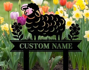 Cute Sheep Metal Garden Stake, Personalized Farm Name Decor, Custom Floral Meadow Yard Art, Housewarming Gift For Gardener