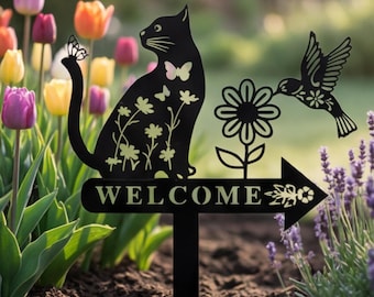 Black Cat Hummingbird Metal Welcome Sign, Personalized Entryway Decor, Nature Garden Sign, Cat Lover Gift, Floral Butterfly Wall Art