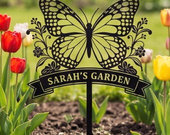 Personalized Monarch Butterfly Garden Stake, Custom Name Floral Yard Sign, Metal Botanical Marker, Unique Spring Garden Gift For Her