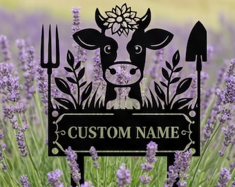 Sunflower Cow Metal Sign, Rustic Farmhouse Decor, Custom Livestock Name Plaque, Floral Garden Tool Wall Art, Personalized Farmhouse Gift