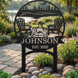 Personalized Campfire Metal Sign, Custom Family Name Campsite Stake, Outdoor Fire Pit Monogram Plaque, RV Park Decor, Forest Adventure Art